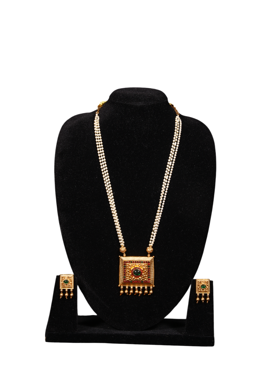 Premium Quality Gold with white beads long chain set 